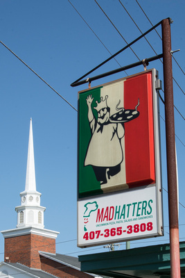 MadHatters Pizza Sign & First Baptist Church Steeple